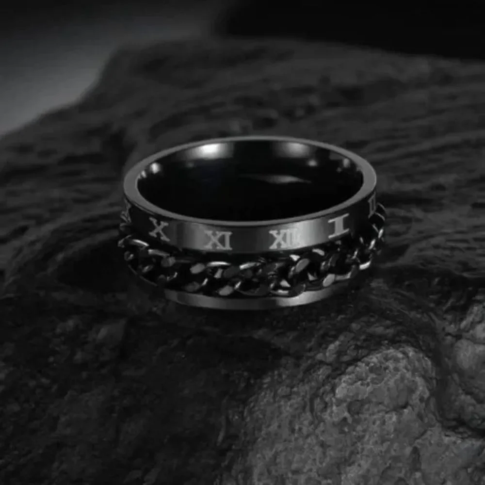 STAINLESS STEEL BLACK BRAIDED ROMAN NUMERAL RING WEDDING BAND RING